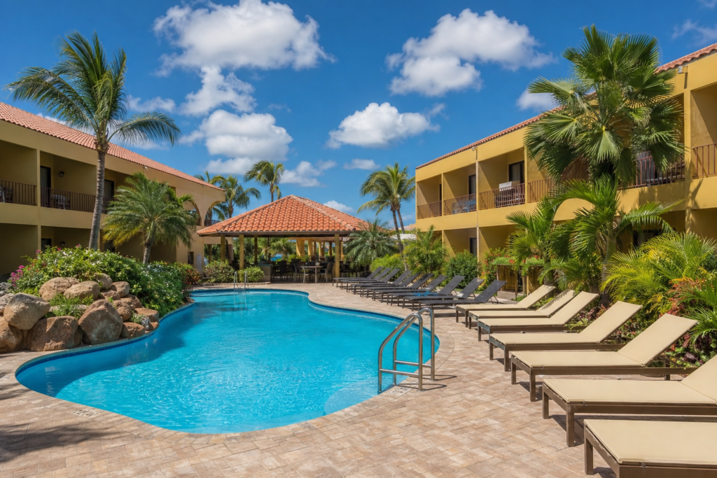 Where to Stay in Aruba in 2026: Best Areas & Hotels for Every Traveler 11 The Mill Resort and Suites pool courtyard in Noord Aruba