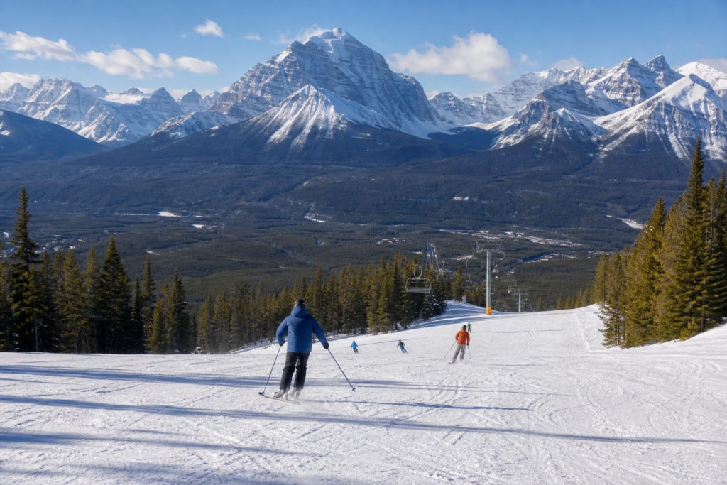 Banff March shoulder season sunny ski slopes