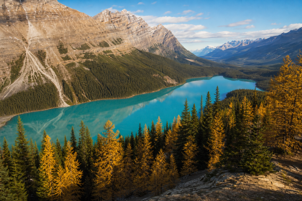 Banff September golden larch trees and alpine lake