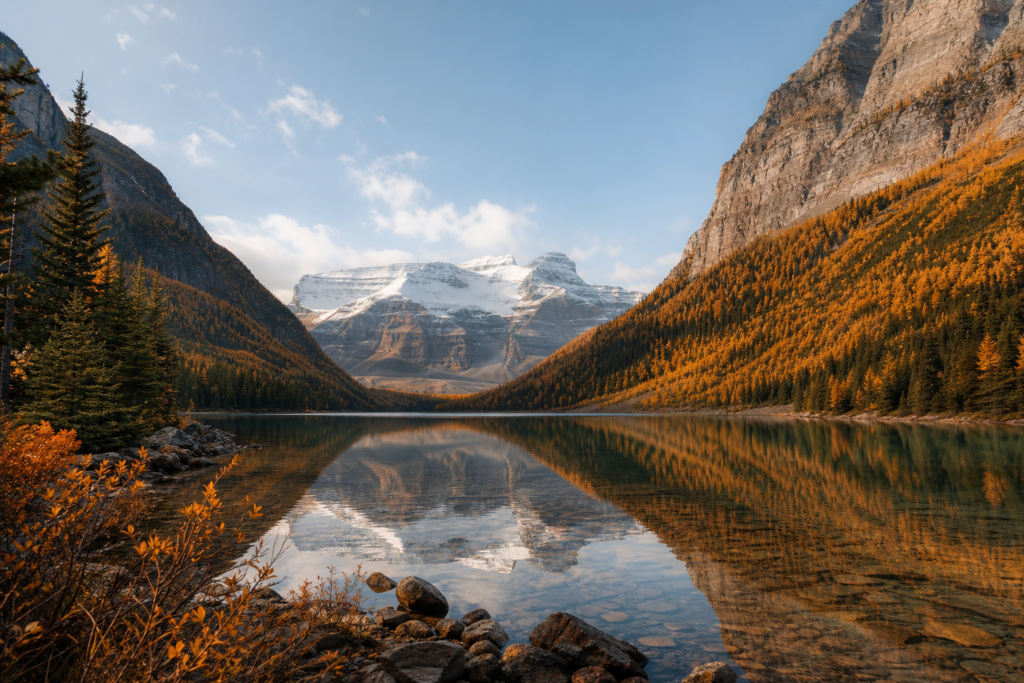 Banff October autumn forest colors and calm lake