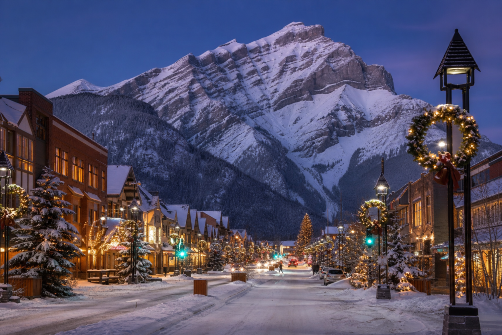 Banff December festive town lights and holiday snow