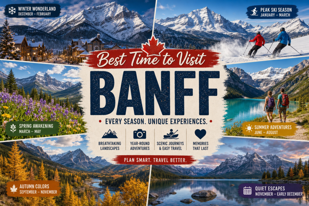 The Ultimate Guide to the Best Time to Visit Banff in 2026 1 Best time to visit Banff month-by-month travel guide collage