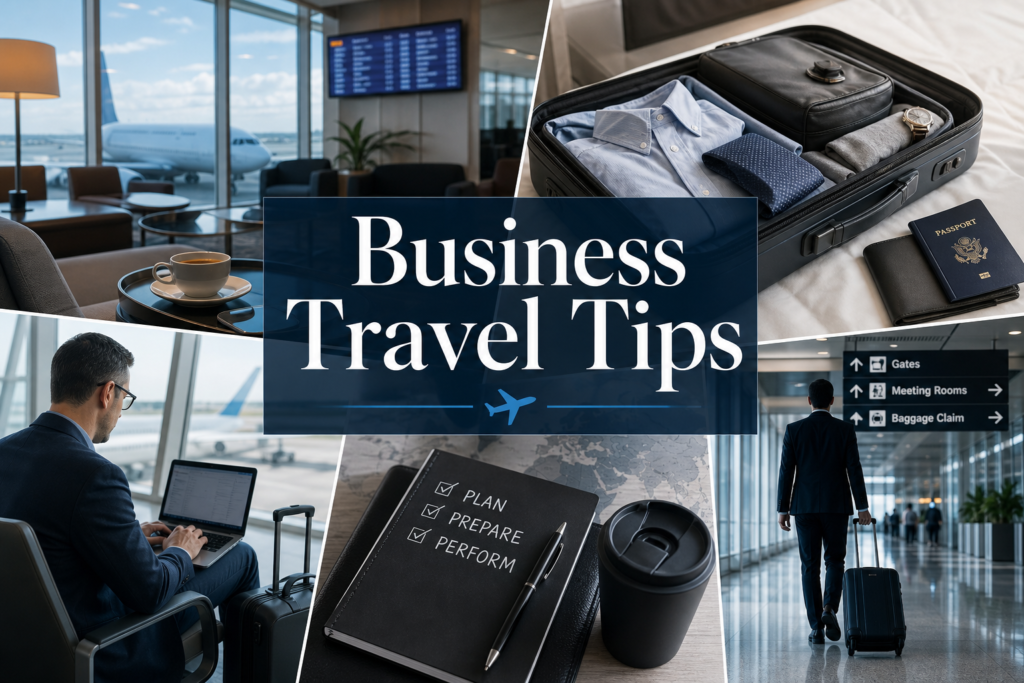 Essential business travel tips collage