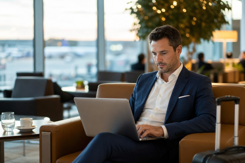 Airport lounge business traveler laptop