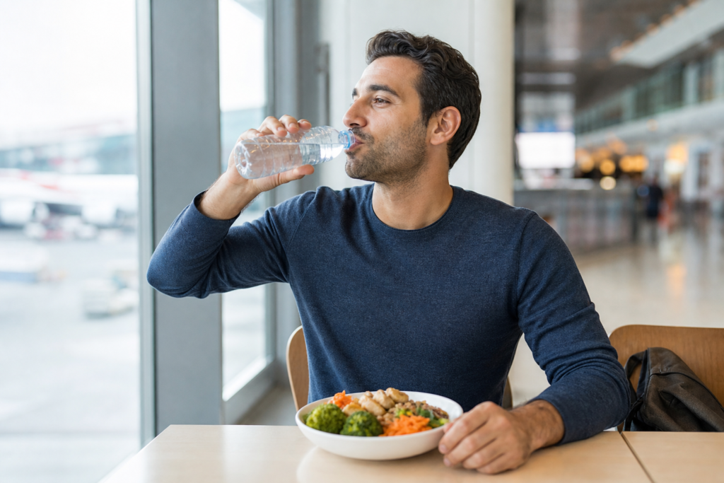 Traveler hydrated healthy airport meal