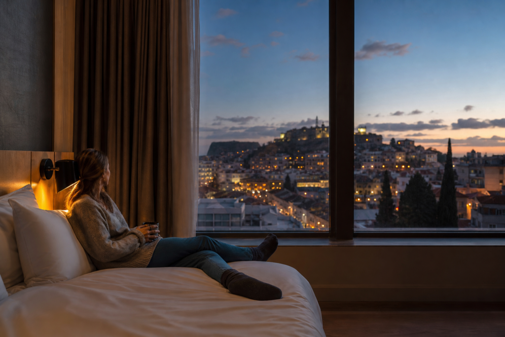 Traveler relaxing unplug hotel evening