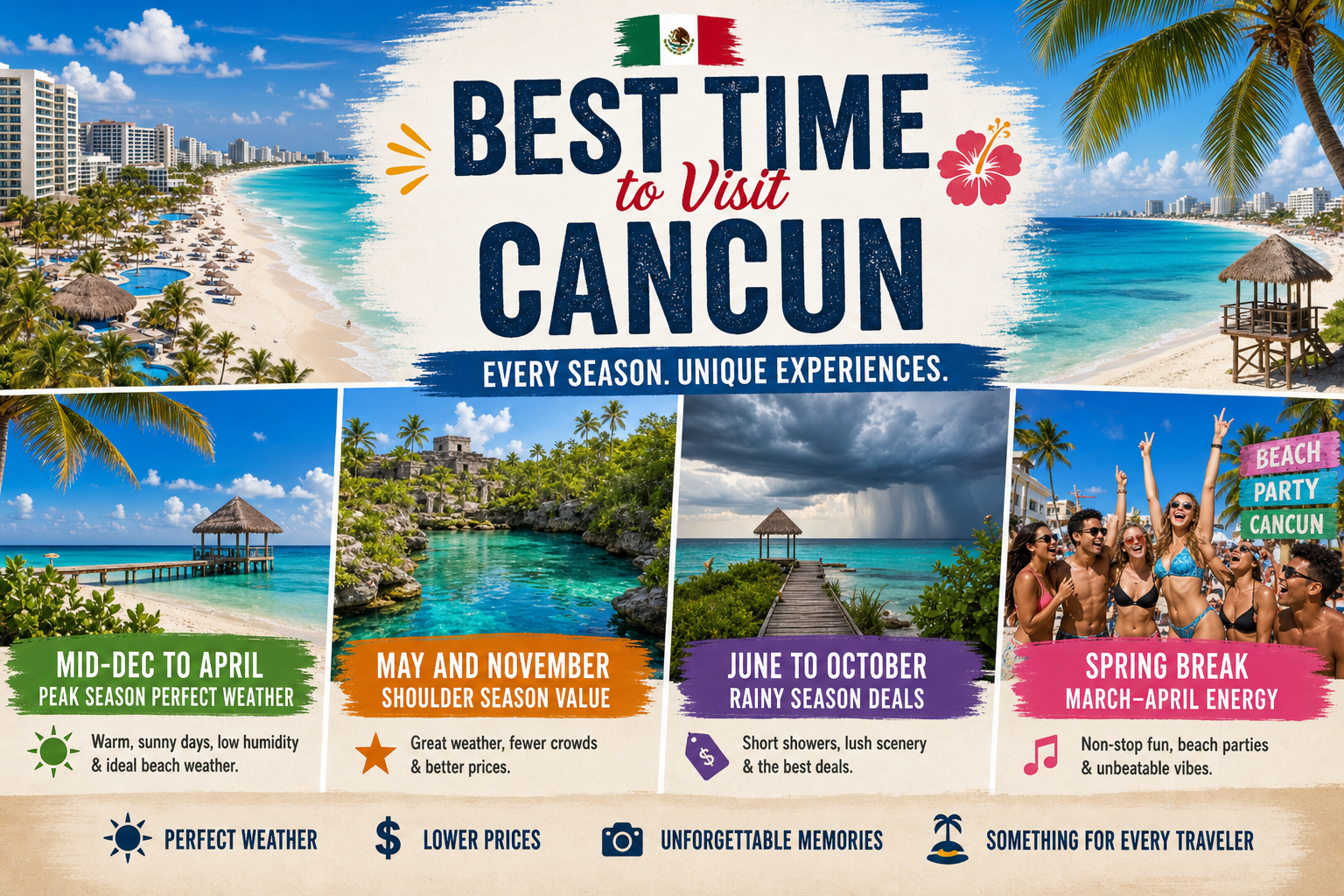 The Ultimate Guide to the Best Time to Visit Cancun in 2026 1 Best time to visit Cancun seasonal travel guide collage