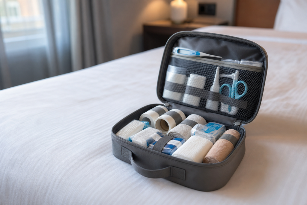 Travel first-aid kit packed for trip
