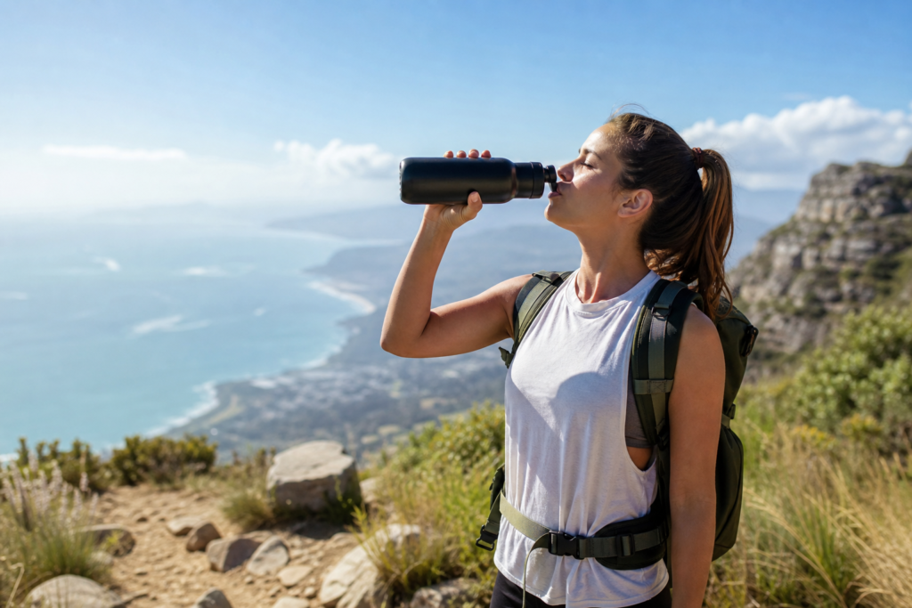 Traveler drinking water while exploring