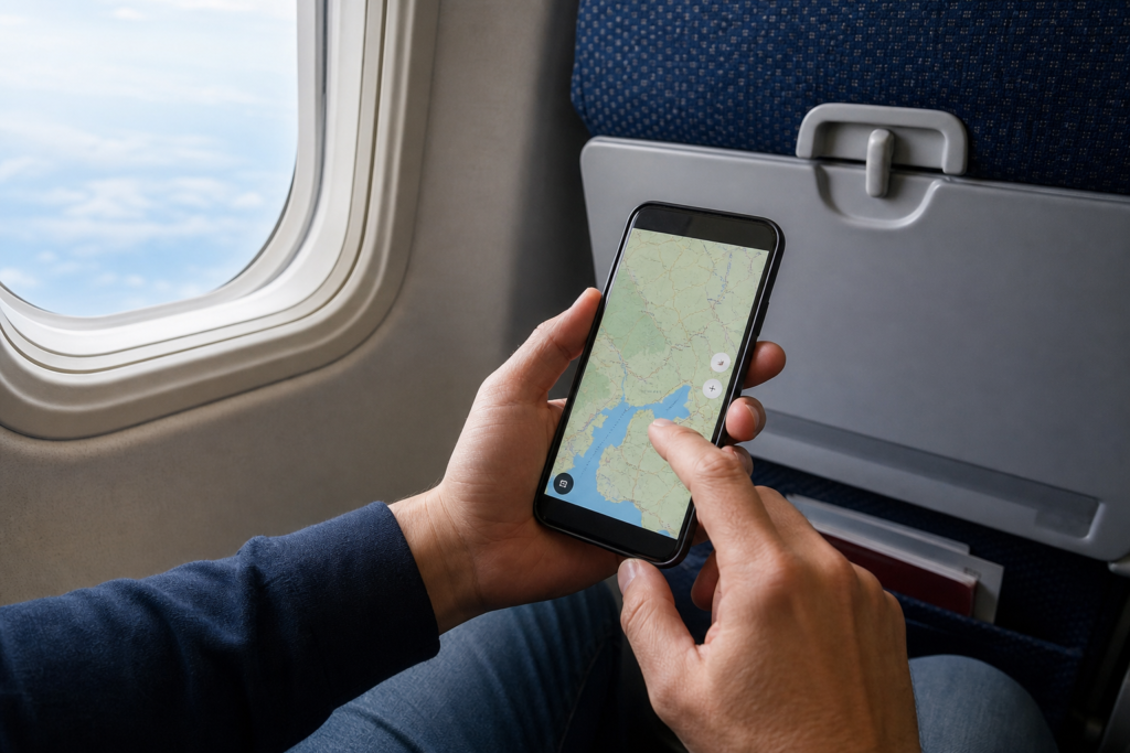 Essential Holiday Travel Tips for 2026: Your Stress-Free Guide to the Festive Season 9 Traveler using offline maps on plane