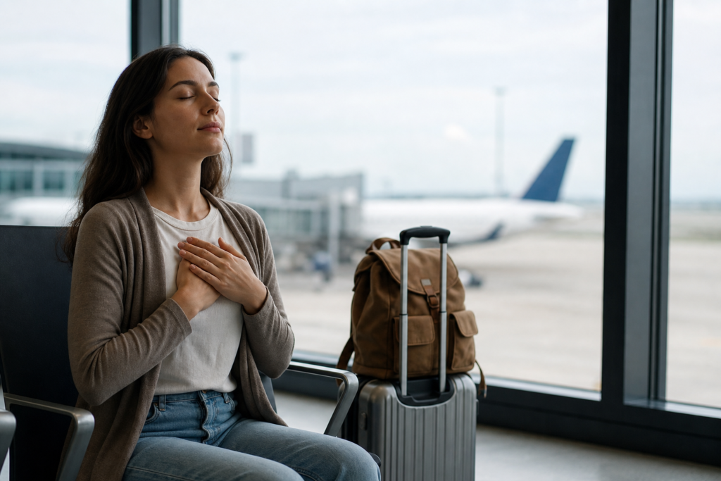 Essential Holiday Travel Tips for 2026: Your Stress-Free Guide to the Festive Season 14 Calm mindful traveler at airport