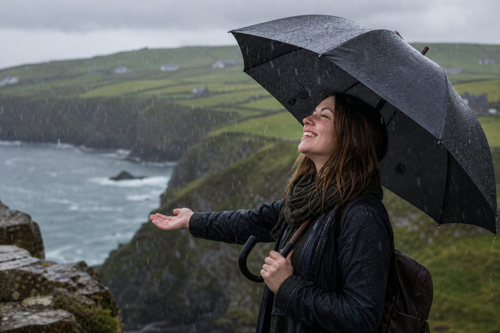 Traveler enjoying light Irish rain