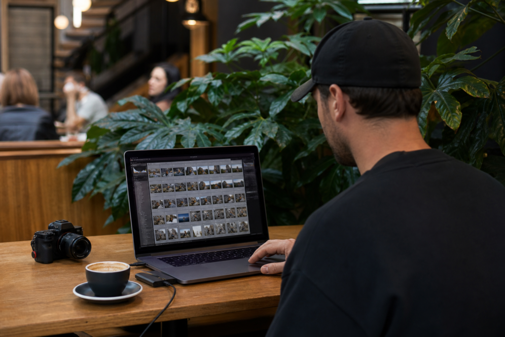 Photographer reviewing RAW photos travel