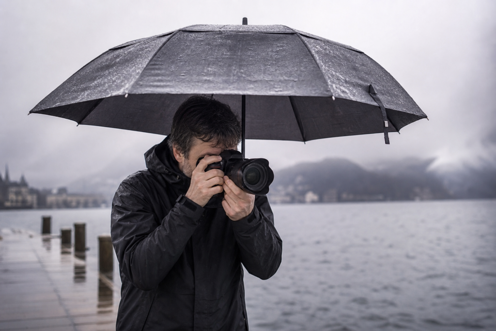 Photographer adapting rain weather travel