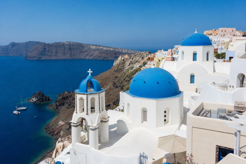 Santorini white buildings blue domes